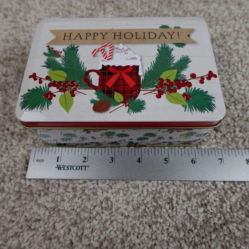 Greenbrier Happy Holiday Buffalo Plaid Cocoa Mug Christmas Metal Gift Tin Box